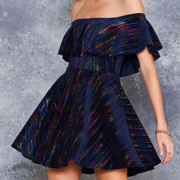 Blackmilk Dresses & Skirts - Rainbow Pleats Velvet Off the Shoulder SAMPLE